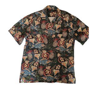 VTG  Riscatto Mens Hawaiian Tropical Shirt M Black Abstract Floral Fish Cruise